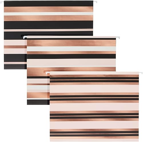 Miniatura 5 de Paquete de 12 carpetas colgantes decorativas, tamaño carta, pestañas de corte de 15, rayas de lámina de oro rosa (9.5 x 11.5 pulgadas)