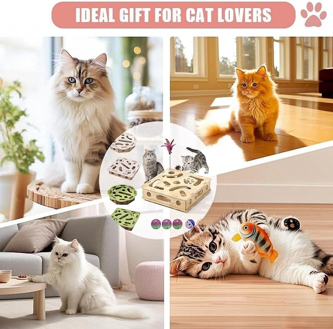 Caja de enriquecimiento de rompecabezas para rascar gatos, caja de lima de uñas de gato con tres bolas de campana y papel de lija en el interior, lima de uñas, alternativa libre de estrés a cortaúñas