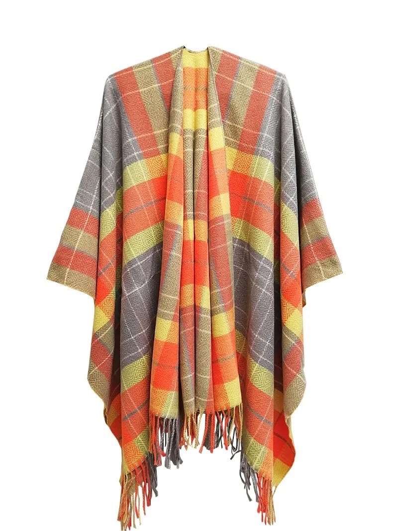 GMGQJST Shawl For Women Imitation Cashmere Women Spring Autumn Double sided Plaid Split Shawl Warm Street Poncho Lady Capes White Cloaks(7)