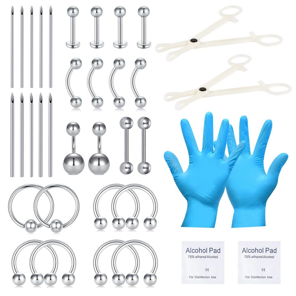 NIUSIMAN Mixed Piercing Kit,Piercing Kits for All Piercings Stainless Steel 14G 16G 18G 20G Nose Septum Cartilage Tragus Earrings Belly Nipple Tongue Smiley Lip Ring