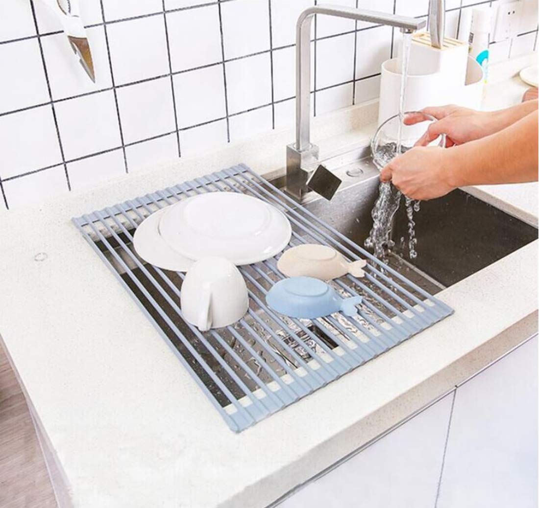 Scolapiatti arrotolabile sopra il lavandino. Scolapiatti pieghevole extra large, completamente in silicone, barra in acciaio inox, resistente al calore, antiscivolo, per bancone della cucina