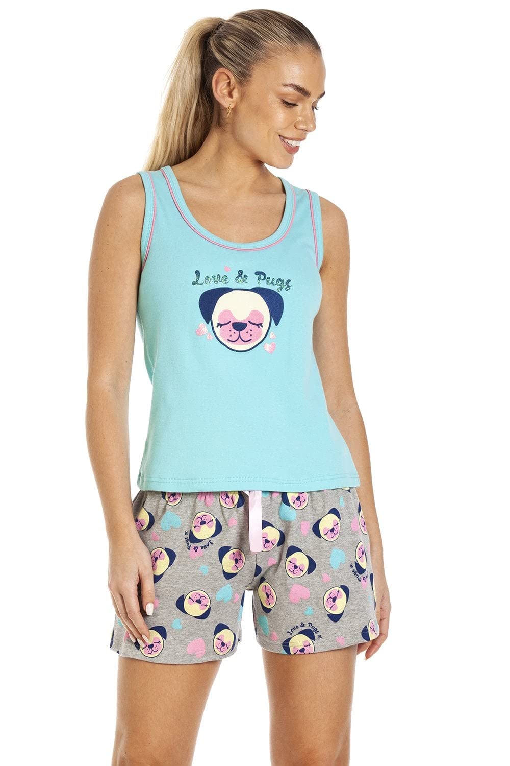 Camille Women's Dog Motif Short Cotton Pyjama Set in Aqua | Size: 8-10
