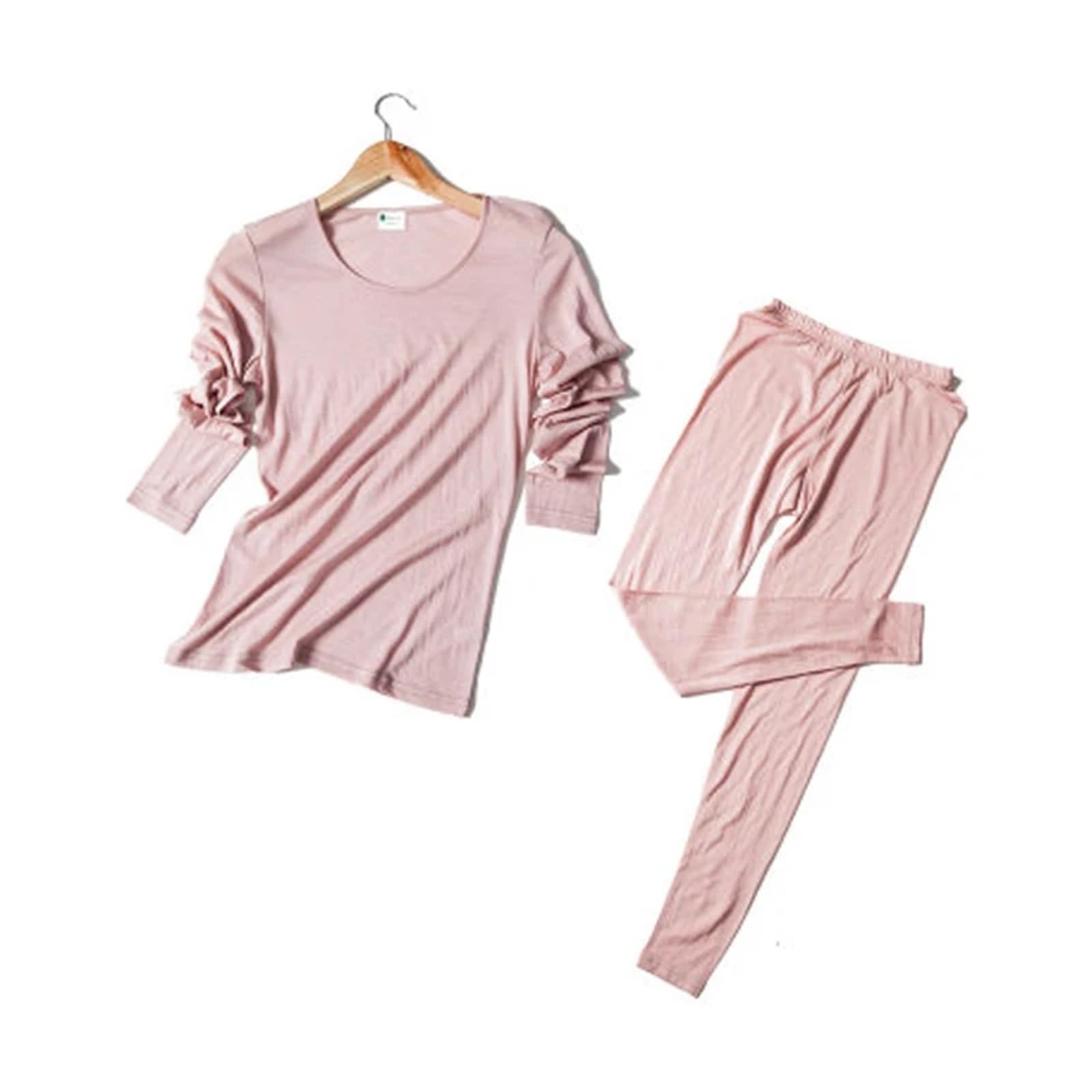 Conjunto TéRmico para Mujer 30% Seda 70% Lana cálido Color sólido Cuello Redondo Conjunto de Ropa Interior Mujer otoño Pantalones Largos Tops térmicos + Bragas Dormir