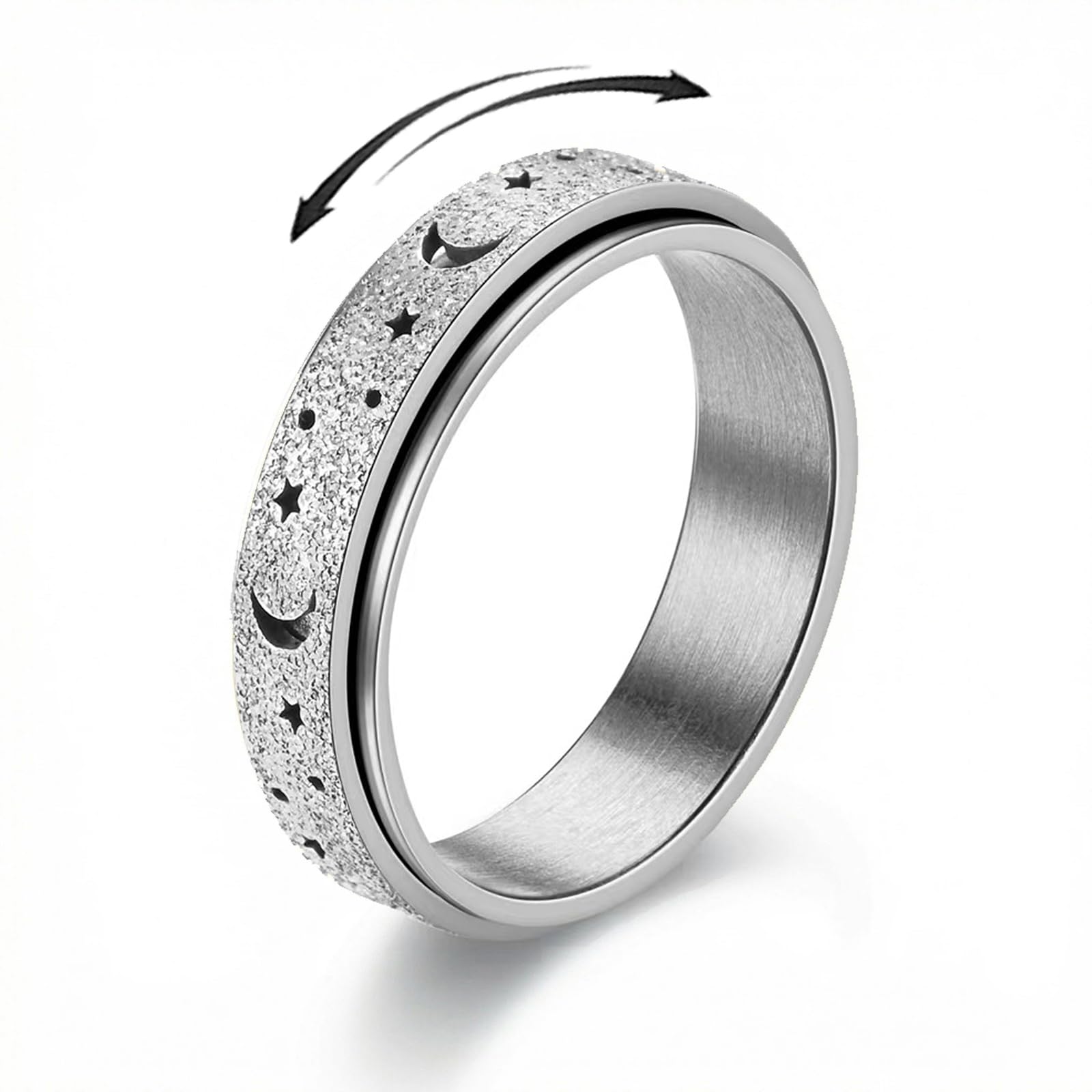 Zhaohyjianm Fidget Ring for Anxiety Relief - Stainless Steel Spinner Ring with Moon & Star, Stress Relief Calm Ring for Women & Men, Smooth Roller Fidget Band Ring (Silver, 5) — image 1