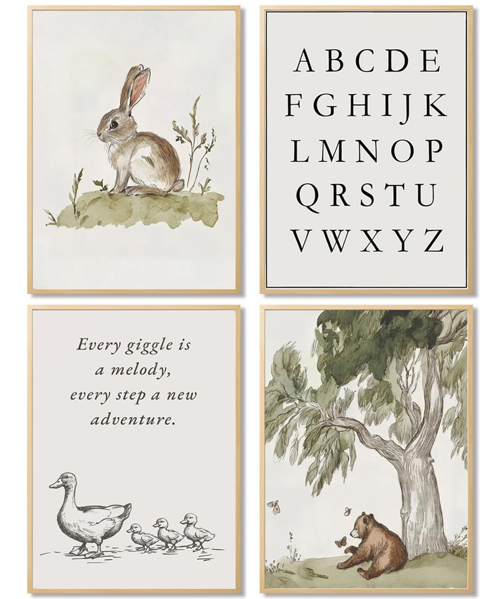 Kousne Nursery Gallery Wall Art Animal Canvas Prints Vintage Rustic Poster Set for Kids’ Room Decor Alphabet Inspirational Quotes Wall Art Neutral