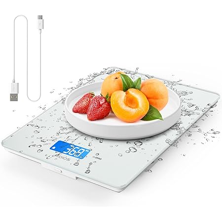 KOIOS Kitchen Scale, 11lb Digital Food Scale Weight Grams and oz (USB Rechargeable), 0.04oz/1g Precise Graduation for Cooking Baking, 6 Weight Units, Easy Clean Waterproof Tempered Glass, White