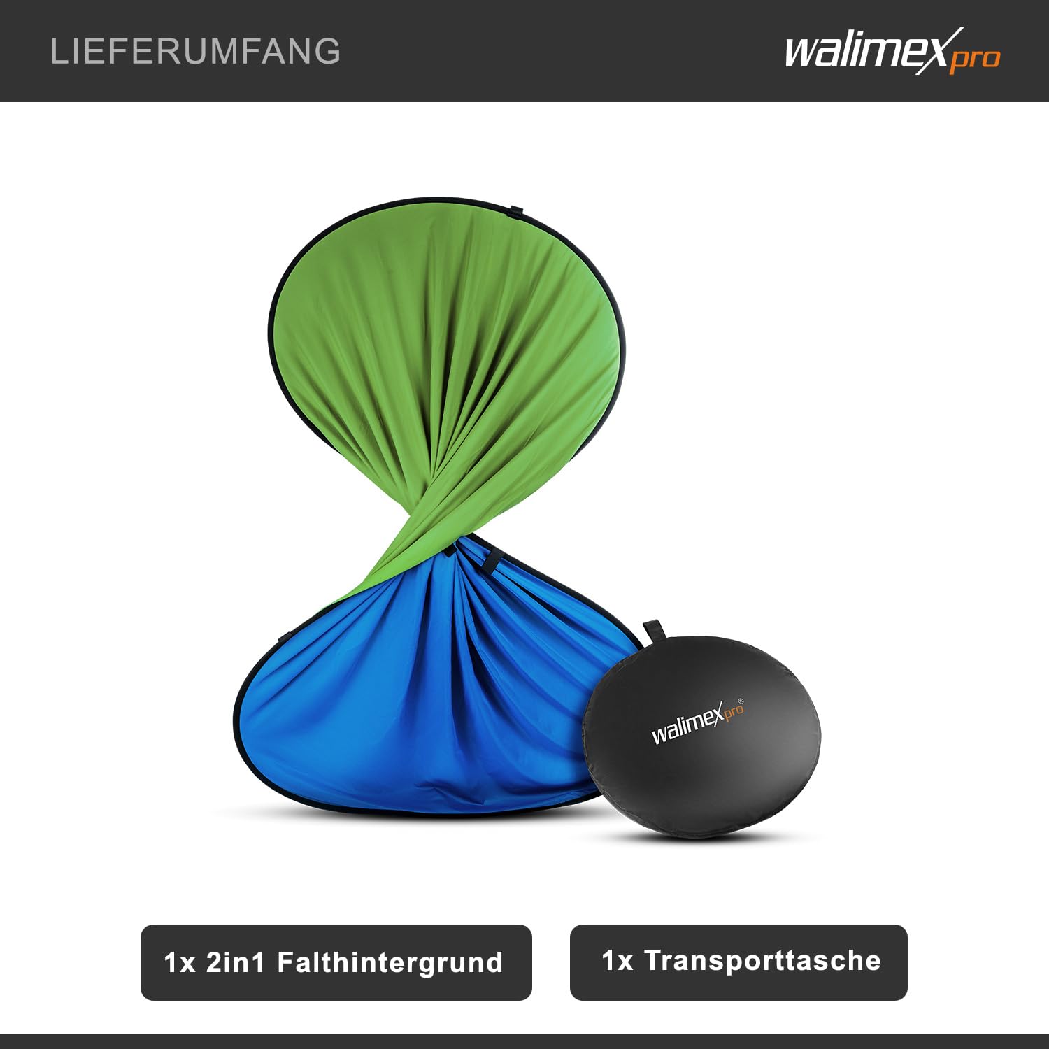 Walimex pro 2 in 1 Falthintergrund grün/ blau 200 x 230 cm, robuster Fotohintergrund mit Federring, faltbarer Hintergrund für Fotostudio mit Transporttasche