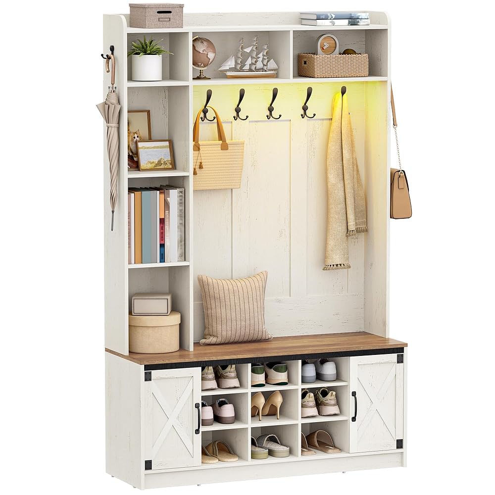 Hzuaneri Coat Rack with Shoe Bench, Hall Tree with LED Lights for Hallway, 15 Open Compartments, Coat Stand with Adjustable Shelves, 7 Hooks, for Living Room, Entrence, White and Brown HT24614X
