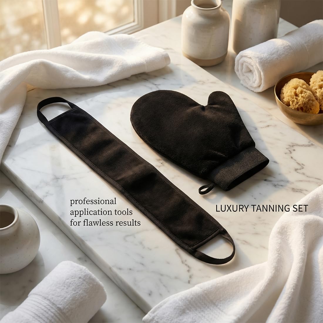Set 2 Pezzi: Guanti Autoabbronzanti, Applicatore per Schiena, Applicatore Viso, Guanti Esfolianti, Guanti per Crema Solare (Nero)