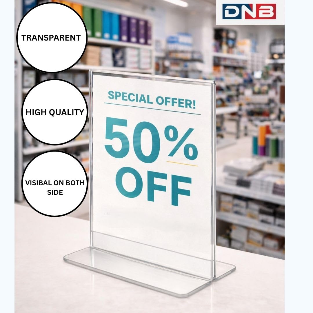 DNB ENTERPRISES T-Type Leaflet Holder | Clear Acrylic Picture & Brochure Display Stand (A4 Size), PACK OF 2