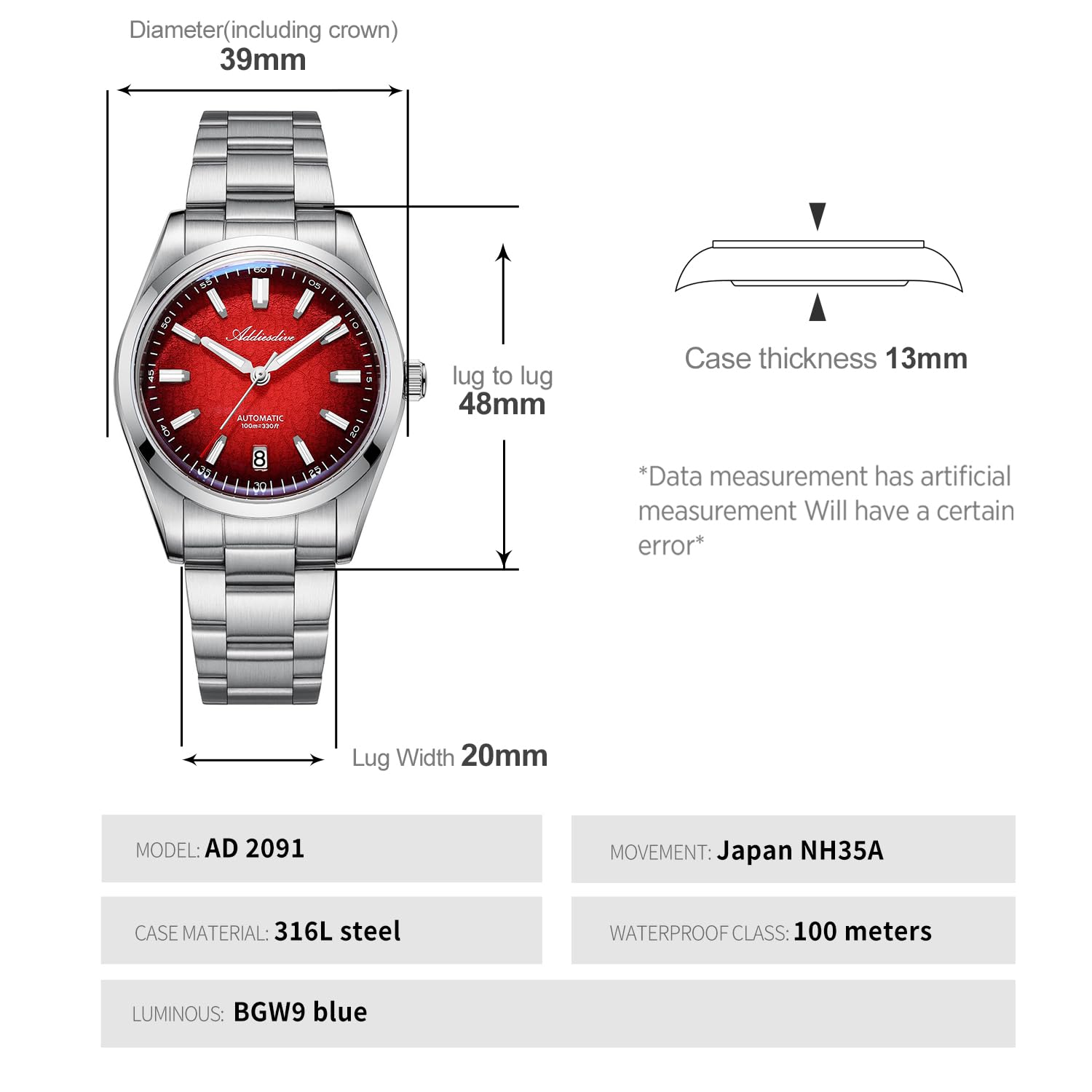 ADDIESDIVE AD2091 39 MM Orologio meccanico da uomo, movimento automatico NH35A, cristallo zaffiro, bracciale in acciaio inossidabile, orologio subacqueo 100M