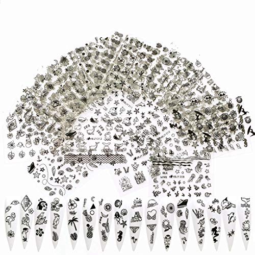 NAIL ANGEL 24 Sheets Nail Art Black Color Sticker Sea Beach Summer Holiday Dolphin Shapes Different Patterns Mix Sticker Sheets 10232