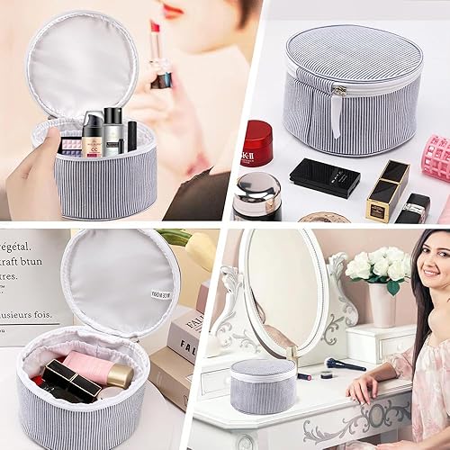 Miniatura 2 de Bolsa de maquillaje a rayas, de algodón, portátil, bonita, redonda, de gran capacidad, organizador de artículos de tocador de viaje, juego de bolsa