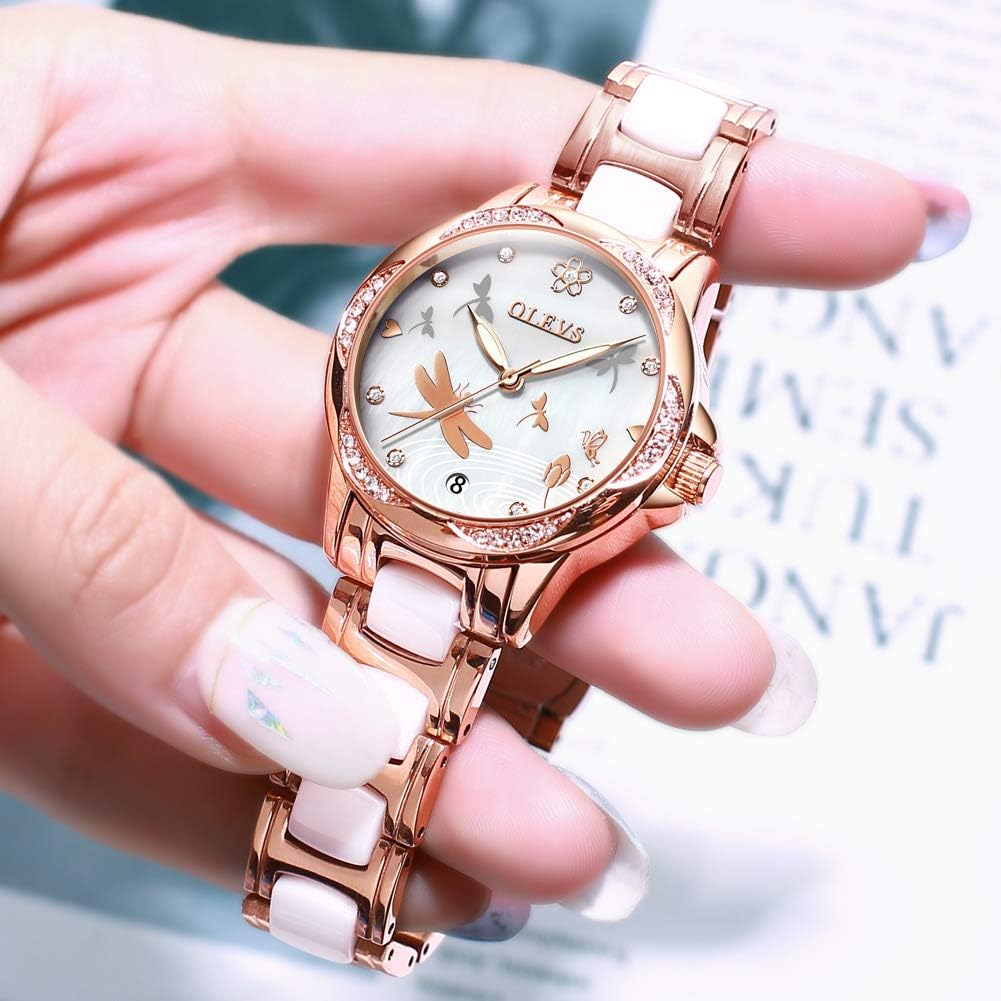 OLEVS Orologio da donna automatico alla moda con cinturino in ceramica analogico con diamanti eleganti in acciaio inossidabile con data oro rosa orologio da polso da donna