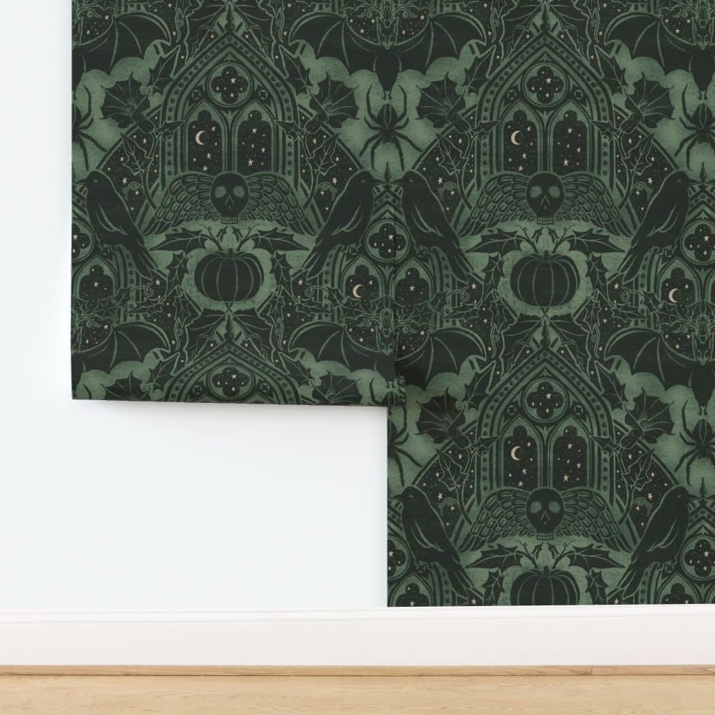 Spoonflower Peel & Stick Wallpaper 3ft x 2ft - Gothic Halloween Damask Large Night Autumn Spooky Pumpkin Custom Removable Wallpaper