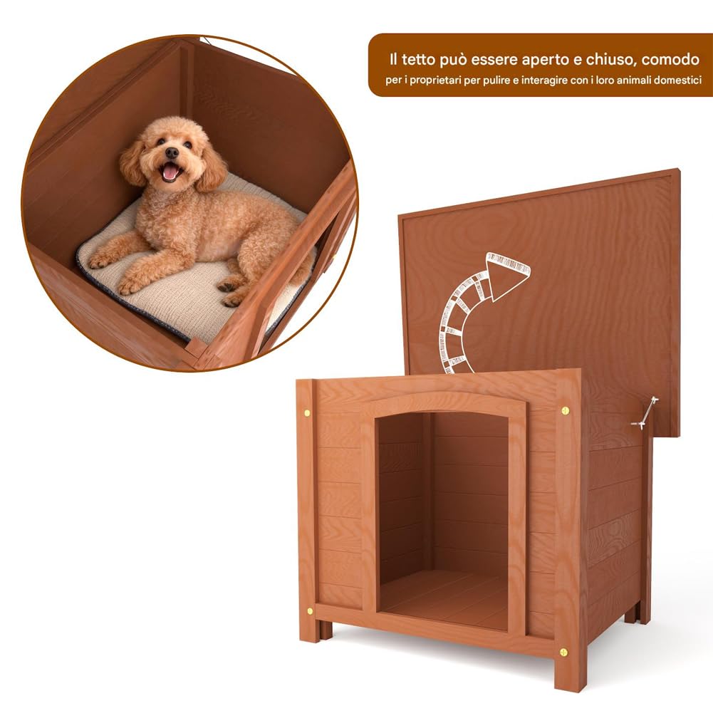 BAKAJI Cuccia per Animali Domestici in Legno, Casetta per Cani e Gatti con Tetto Apribile, Casa da Esterno ed Interno Resistente Intemperie e Agli Agenti Atmosferici Tettoia Asfaltata, 66 x 53 x 54 cm