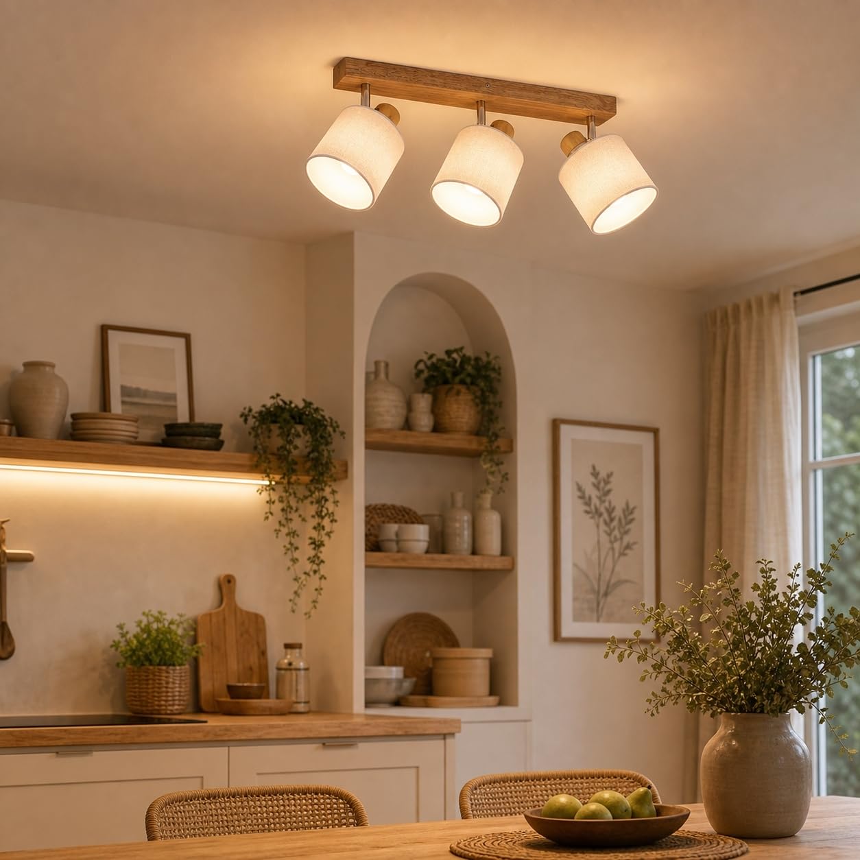 Glitzerlife Deckenlampe 3 Flammig Deckenstrahler Holz LED Deckenleuchte Vintage Boho E14 Schwenkbar 350° Retro MAX.25W
