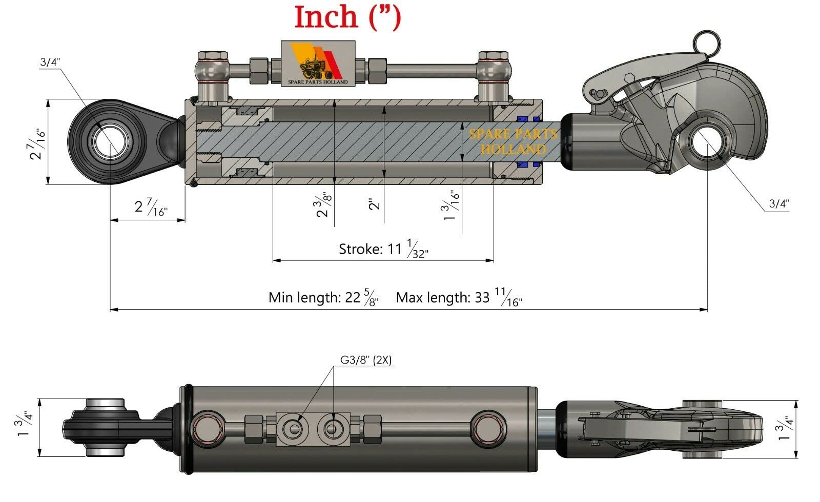 Terzo punto idraulico per trattore CAT 1+1 Gancio di Cattura 22 5/8" - 33 11/16" Blocco Bloccaggio Tubi Corsa 11 1/32"