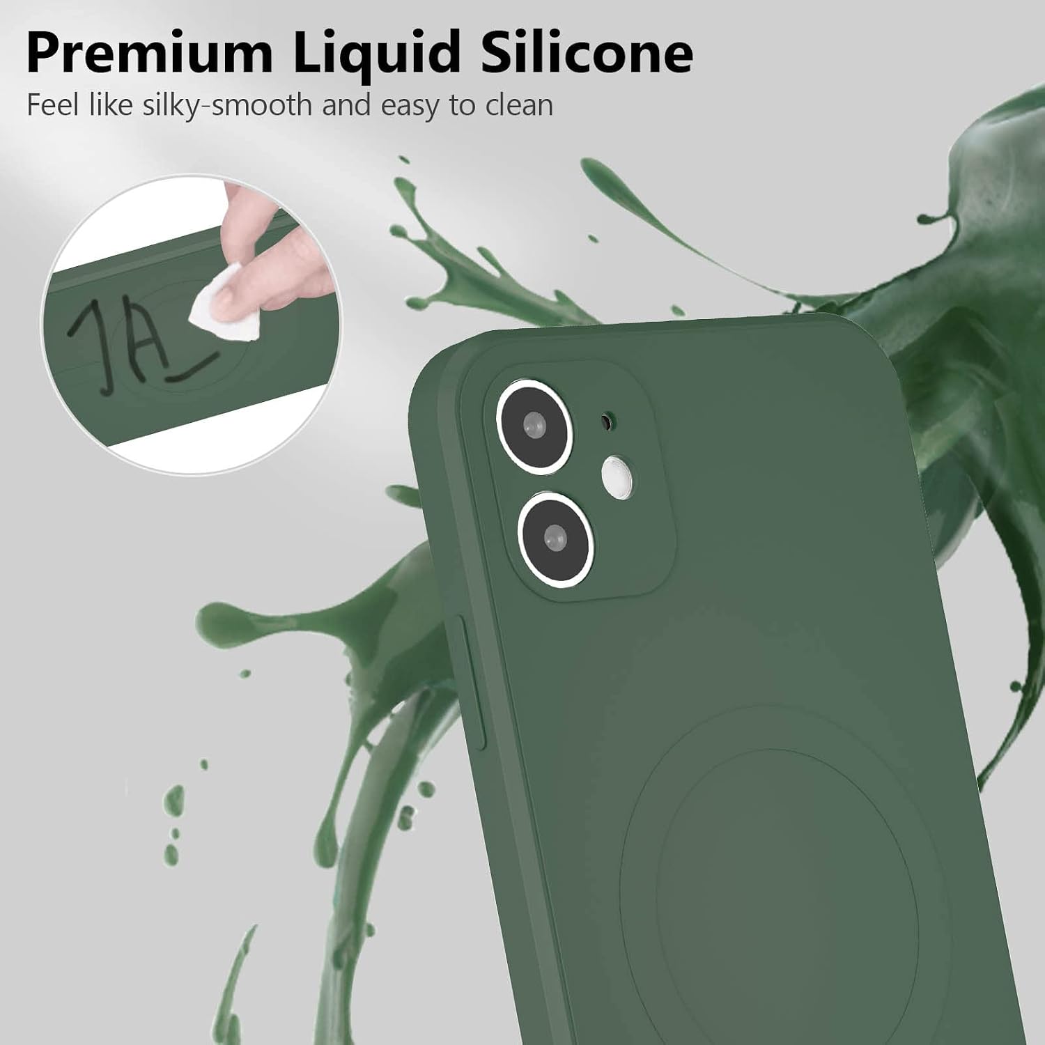 UEEBAI Liquid Silicone Wireless Charging Phone Case for Apple iPhone 8 Plus, Built-in Magnets Compatible with MagSafing Faster Charging Slim Fit Soft Microfiber Cover - Dark Green