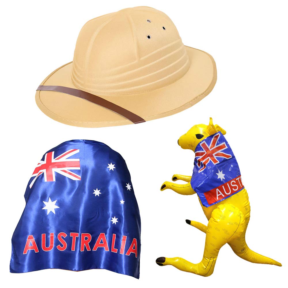 I LOVE FANCY DRESS Australian Flag Cape, Hat & Inflatable Kangaroo - Australian Flag Cape, Yellow Inflatable Kangaroo and Beige Pith Hat - Perfect for Australian Day & Sports Events