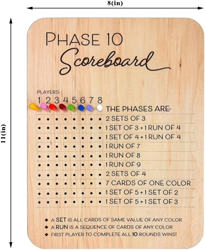 Phase 10 Score Board, 2025 New Wooden Phase 10 Scoreboard with 8 Colored Pegs for Phase 10 Card Game, Phase Ten Score and Round Tracker Fun Board Games for Families, Adults