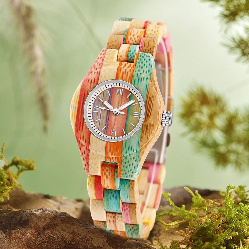 Tiong Reloj de madera para mujer Colorido Bambú Relojes de cuarzo Relojes de mujer Relojes analógicos Números Romanos Relojes de Madera Reloj de Madera para Mujeres, Wq1109-colorido, Retro