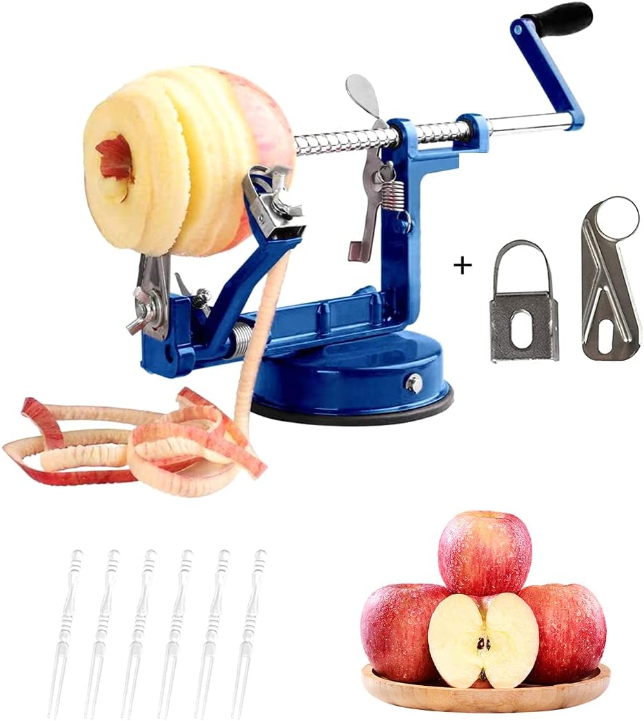 Apple Peeler, 3 in 1 Peeler Slicer Corer with Stainless Steel and Strong Heavy Suction Base for Apple Potato Pear,2 Extra Blades 10 pcs Forks(Blue)