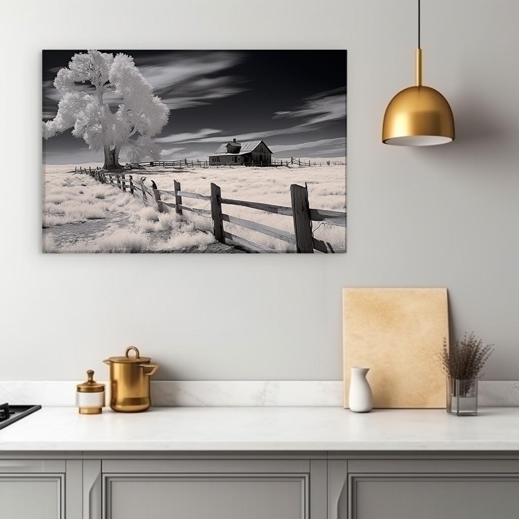 Canvas for Living room. Whispers of Tranquility: A Monochromatic Infrared Glimpse into Rural Serenity, 27 x 18 inch Canvas Wall Art - Contemporary Masterpieces - Modern Home Decor
