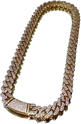 Mens 14k Gold Finish 12mm Miami Cuban Link Chain Choker Necklace, Iced Round Set Cuban Chain for Men, 20 Inches
