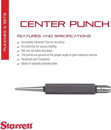 Miniatura 2 de Starrett Punzón central de acero con vástago cuadrado y agarre de dedo moleteado, acero endurecido y templado, 3.465 in de longitud, punta cónica de