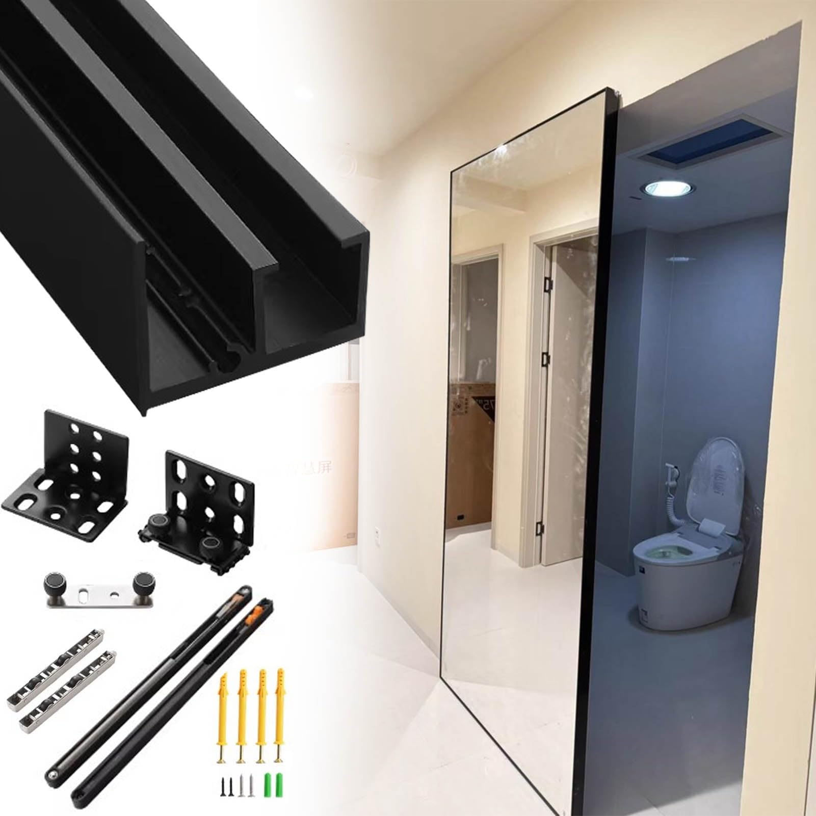 Kit de puerta corredera con espejo con riel flotante invisible y mecanismo de cierre suave para aplicaciones de armario y puerta de granero
