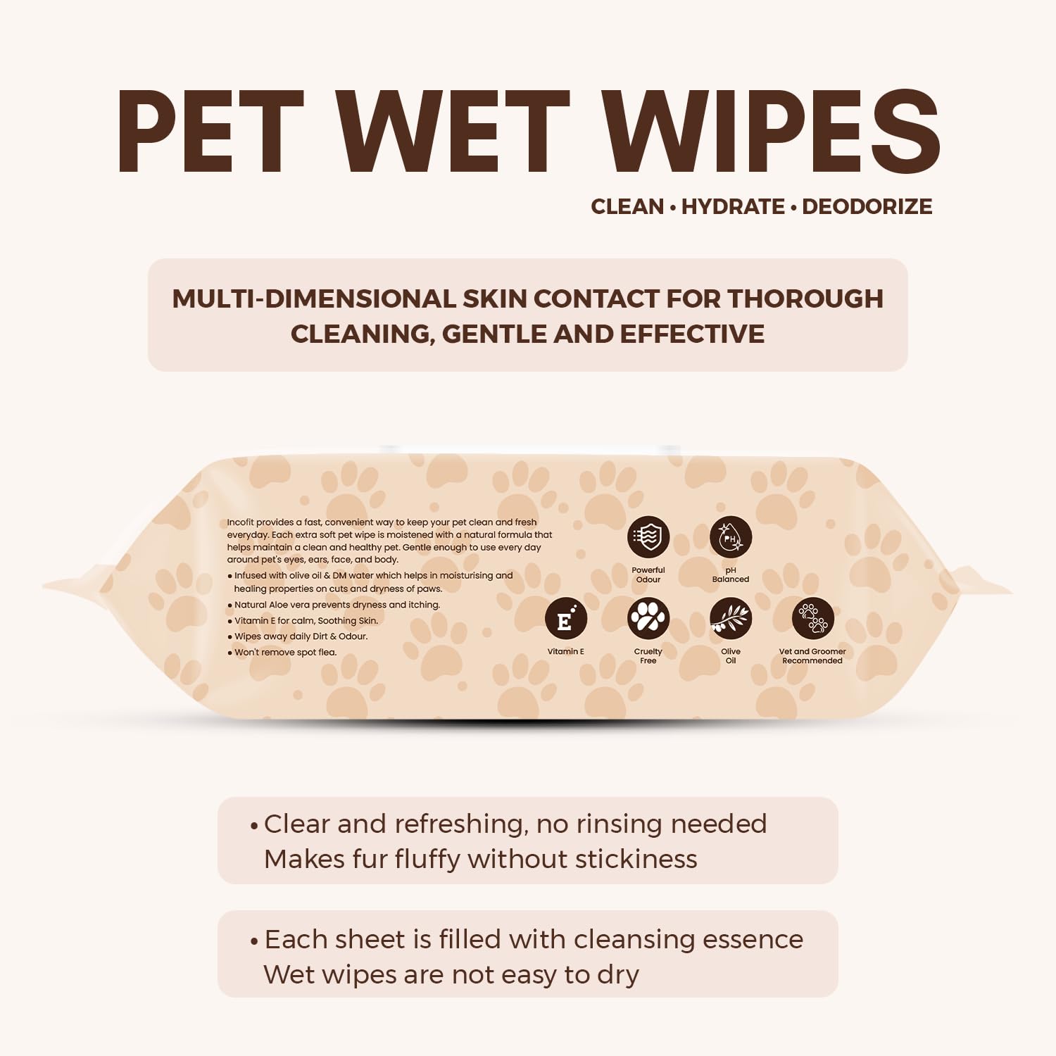 Incofit Anti-Bacterial 1200 Pulls Pet Wet Wipes for Dogs, Puppies, Cats, Rabbits & Small Pets | Powerful Odour, Vitamin E & Olive Oil | Anti-Itching | Cleansing, Deodorising & Grooming (Pack of 12) 2