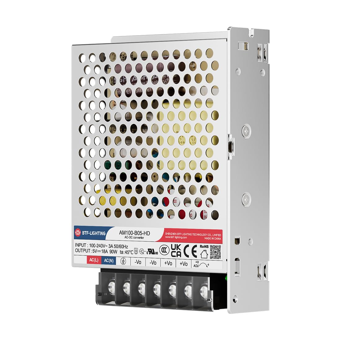 BTF-LIGHTING Alimentatore 90 W 5 V certificato CE alluminio driver LED AC100-240 V a DC5 V trasformatore per striscia LED, stampante 3D, telecamera CCTV, sistema di allarme, radio, progetto
