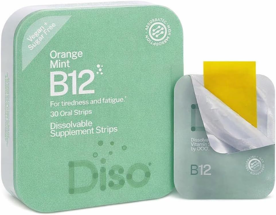 DISO - Vitamin B12 - Fast-Dissolving Oral Strips, for Tiredness and Fatigue, Orange Mint Flavor, Vegan, Sugar Free, Maximum Absorption, Gluten Free, Individually Wrapped, 30 Dissolvable Strips