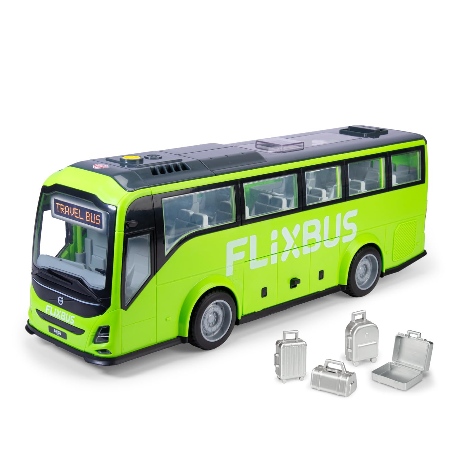 Dickie Toys Volvo 9700 autobus turystyczny 54 cm, autobus zabawkowy dla dzieci od 3 lat, wolny bieg, światło i dźwięk, zdejmowany dach, wnętrze, drzwi i klapy do otwierania, walizka, skala 1:16