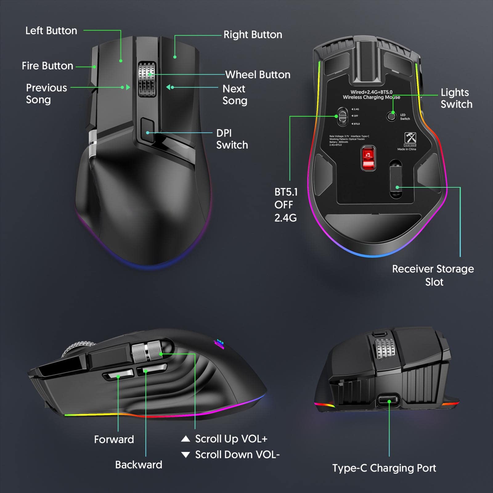 JUSHZ Mouse Wireless Ricaricabile Ergonomico Senza Fili Usb Cablato Fotoelettrico Doppio Rullo USB Regolazione A Sei Velocità Da 16000 Dpi (123x73x42MM,black)