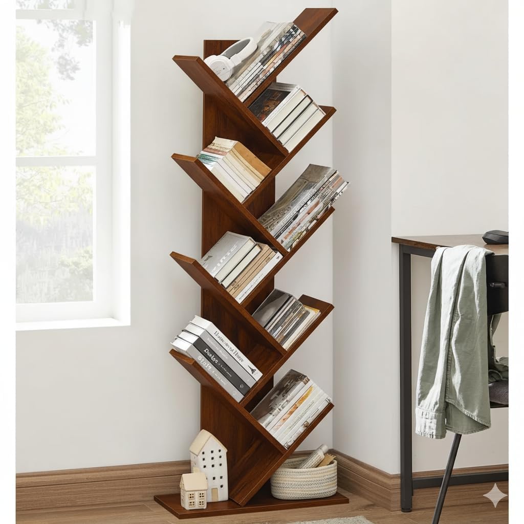 Tree Shaped Freestanding Bookcase | Bookshelf (B-Honey) | Space Saving Design, 5 Diagonal Shelves, Floor Standing, Home & Office Use, Freestanding Storage-image-15