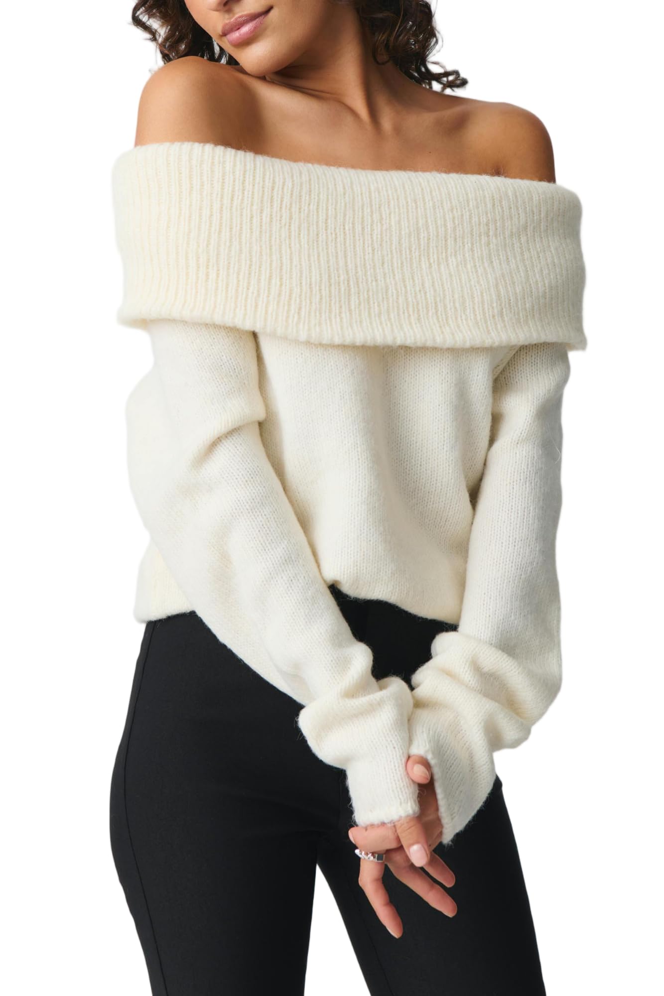 Women Off The Shoulder Crop Knitted Sweater Y2k Fold Over Long Sleeve Boat Neck Ribbed Fall Winter Knitwear