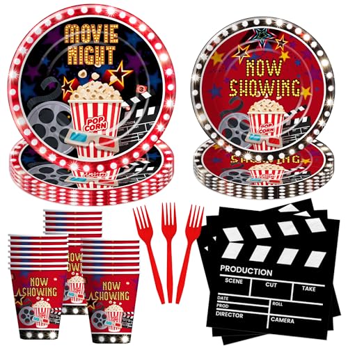 Xigejob Movie Night Decorations Party Tableware - Movie Night Red Carpet Awards Ceremony Theme Party Decorations Supplies, Paper Plate, Cup, Napkin, Fork | Serves 24