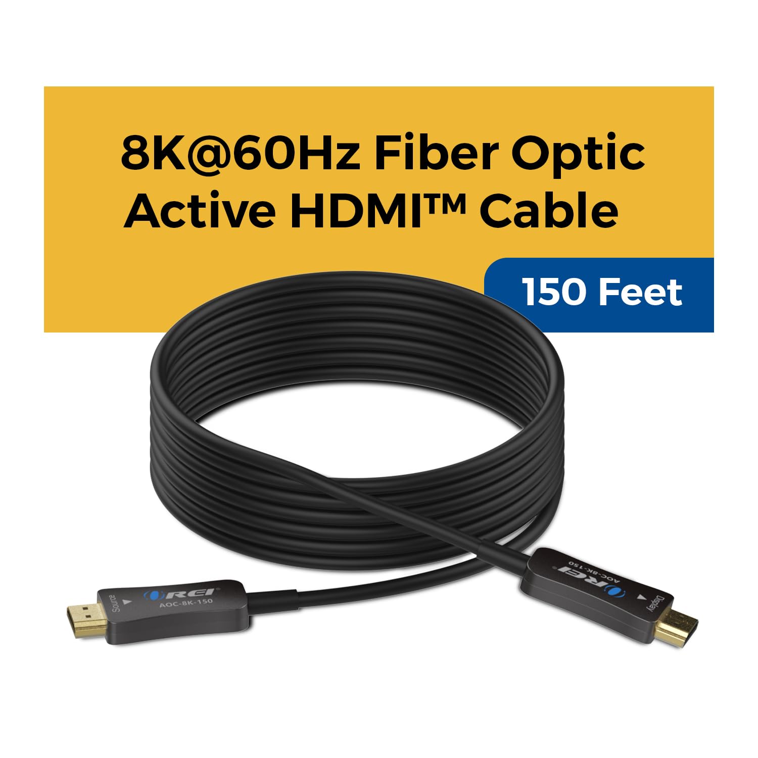 OREI Cable HDMI 2.1 8K de 150 pies - AOC Cable HDMI de fibra óptica activa, 48 Gbps, 8K @60Hz, 4K @120Hz, HDR10+, eARC, HDCP 2.3, sin EMI, chapado en oro, trenzado de nailon