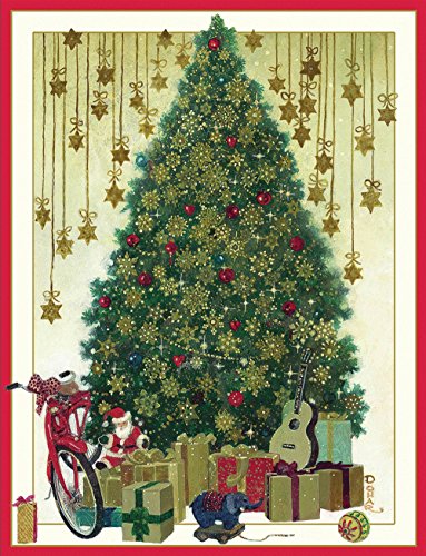 Entertaining with Caspari Tree with Gold Snowflakes Toys Christmas Cards (Box of 16)