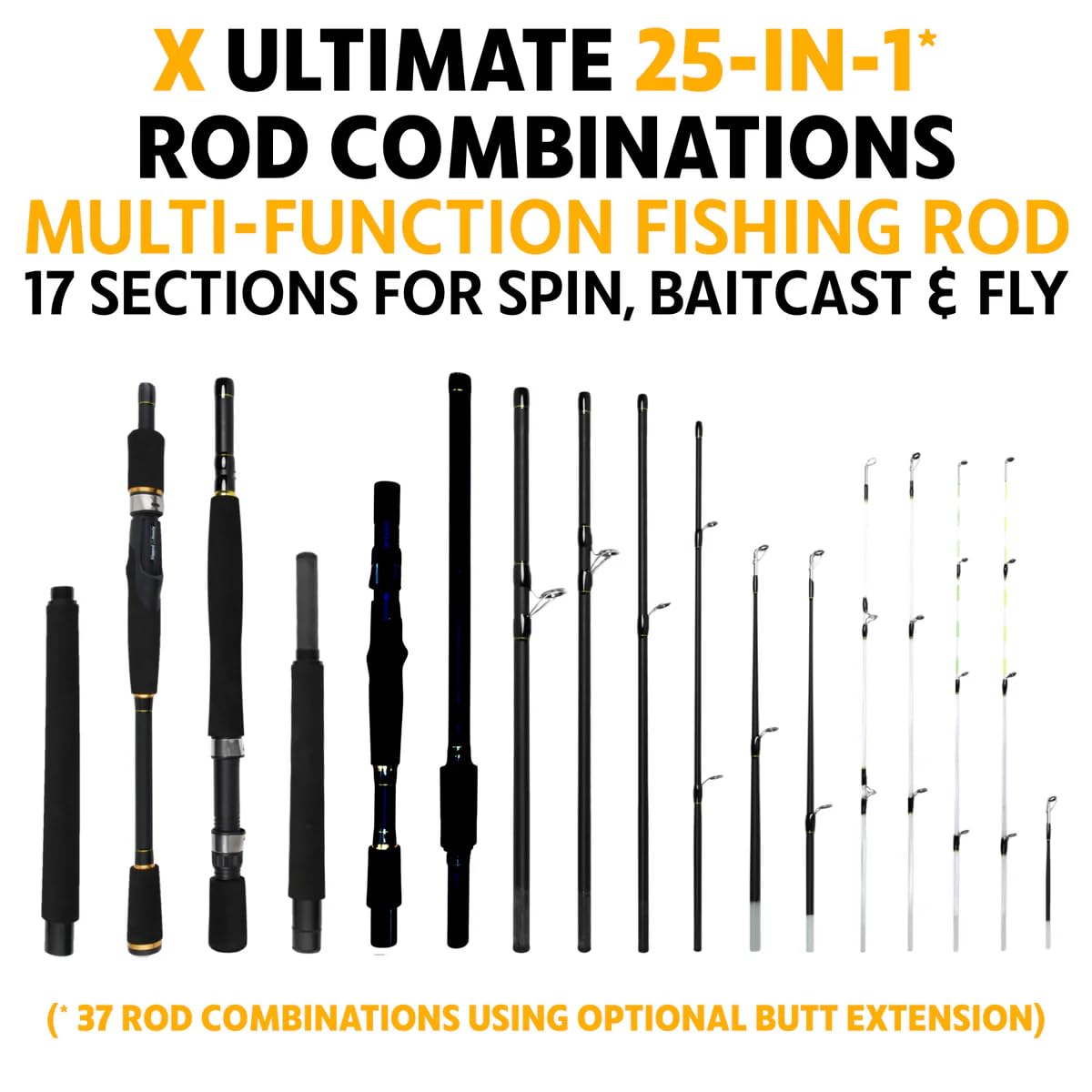 Rigged & Ready X Series Travel Fishing Rods. 6 Super Compact, Multi-Functional, Portable, Spin, Bass, Carp, Lure, Float, Fly Combos + Poles. 4 or 6 Tips & 5 to 25 Techniques Freshwater & Saltwater