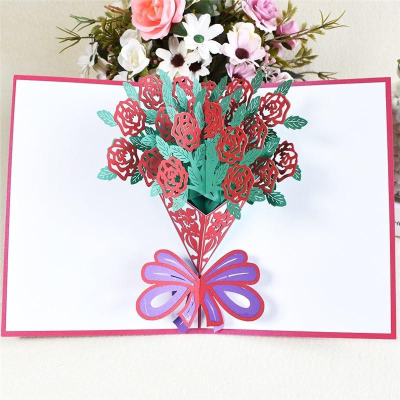 Glückwunschkarte 3D Rose Blumen Blumenstrauß Pop-Up-Karte for Valentines Birhtday Muttertag Alle Gelegenheiten Grußkarte (10 Packung)