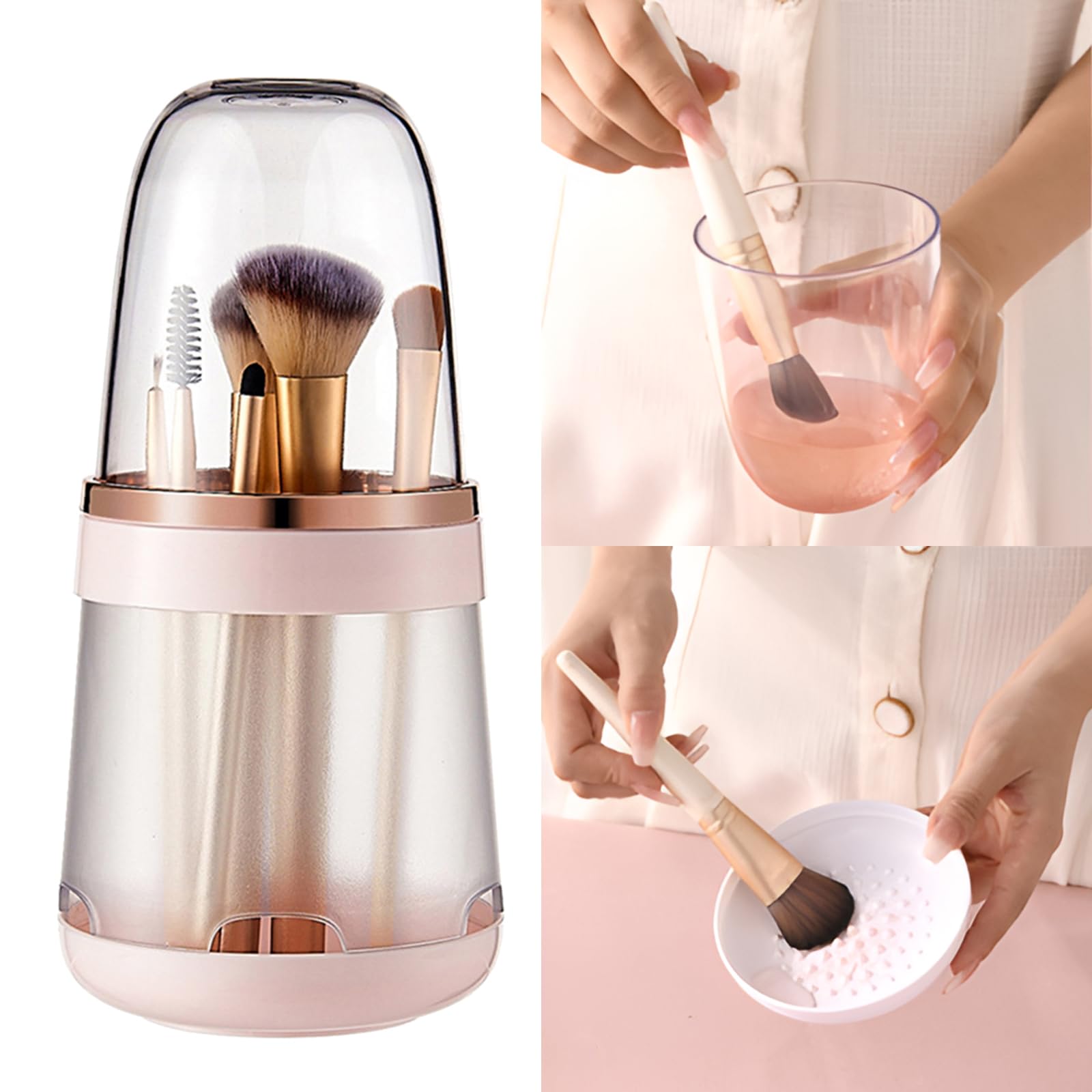 Tohoee 3 in1 Organizador de Pinceles de Maquillaje con Funda Antipolvo Caja de Almacenamiento de Cosméticos Desmontable Estante de Limpieza de Pinceles, Delineador de ojos y Más (Rosa)