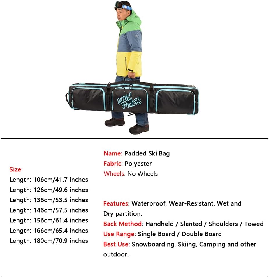 7 Sizes Ski Bag Padded Snowboard Bag 600D Waterproof Oxford Portable High Capacity Air Travel Bag for Single Or Double Ski Board (No Wheels)
