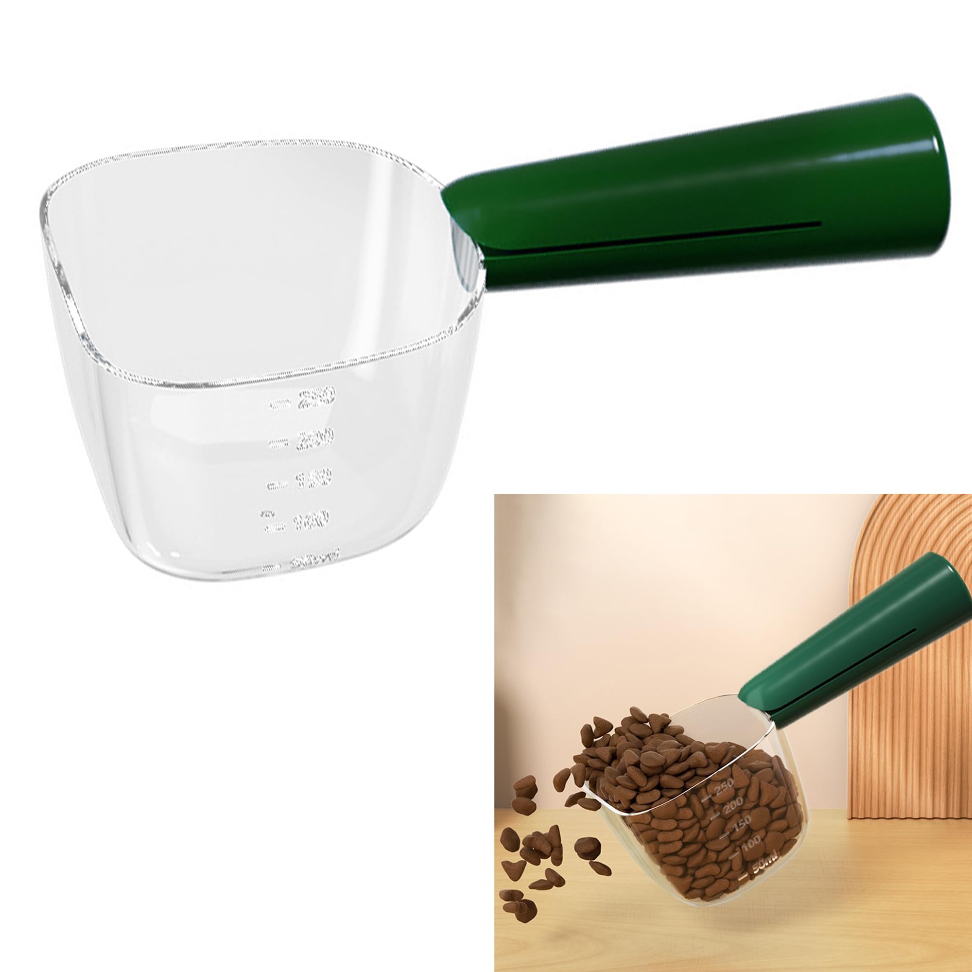 Dosatore Crocchette Per Cani Misurino Paletta Cibo - Verde, 1 Pezzo, Secco e Gatti Cucchiaio di Misurazione con Clip, Bilancia da Cucina, Dispensatore Animali Domestici