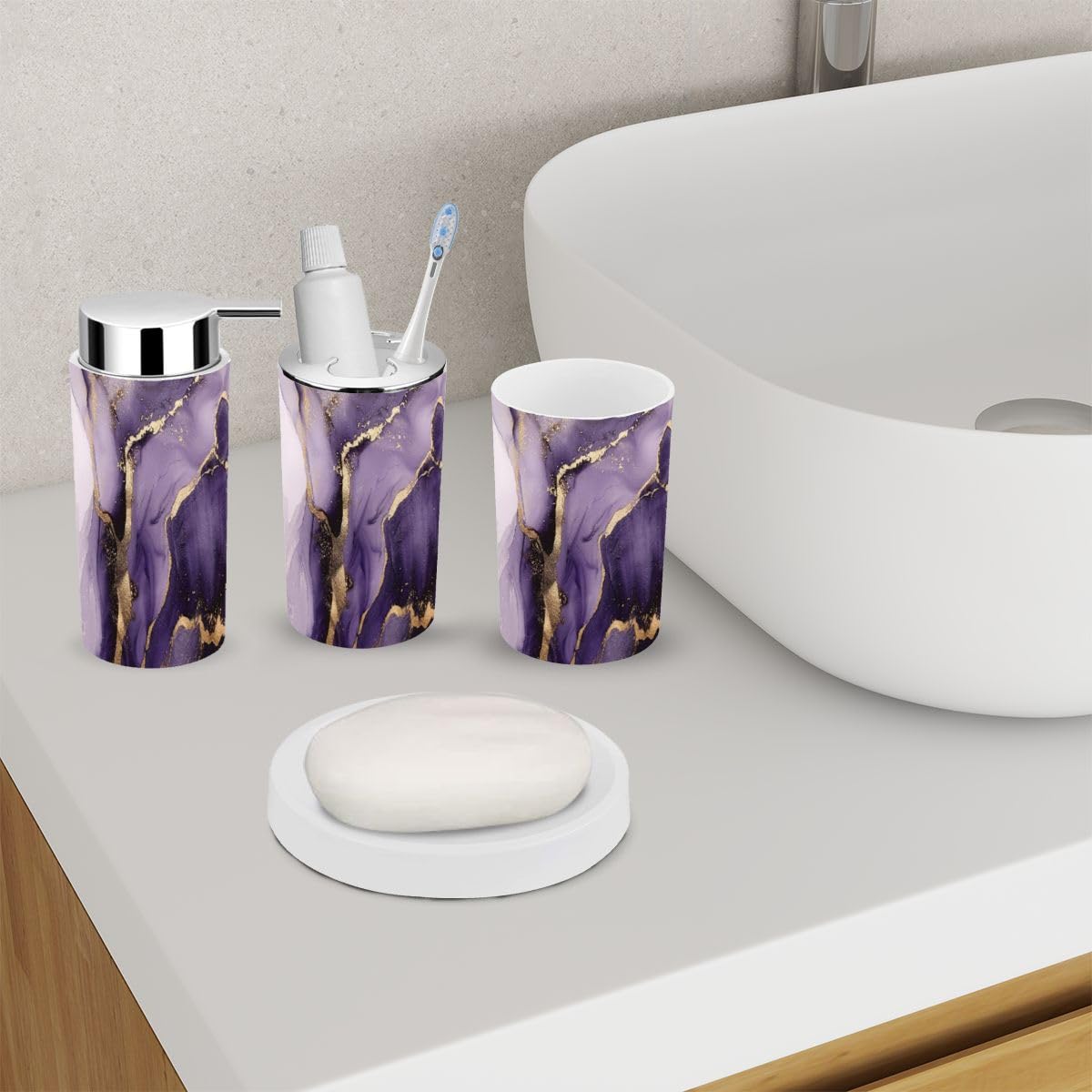 Bathroom Accessory Set 6 Piece Purple Marble Gold Stripes Alcohol Ink Luxury Violet Black Watercolor Toothbrush Holder, Toothbrush Cup, Soap Dispenser, Soap Dish, Toilet Brush Holder, Trash can