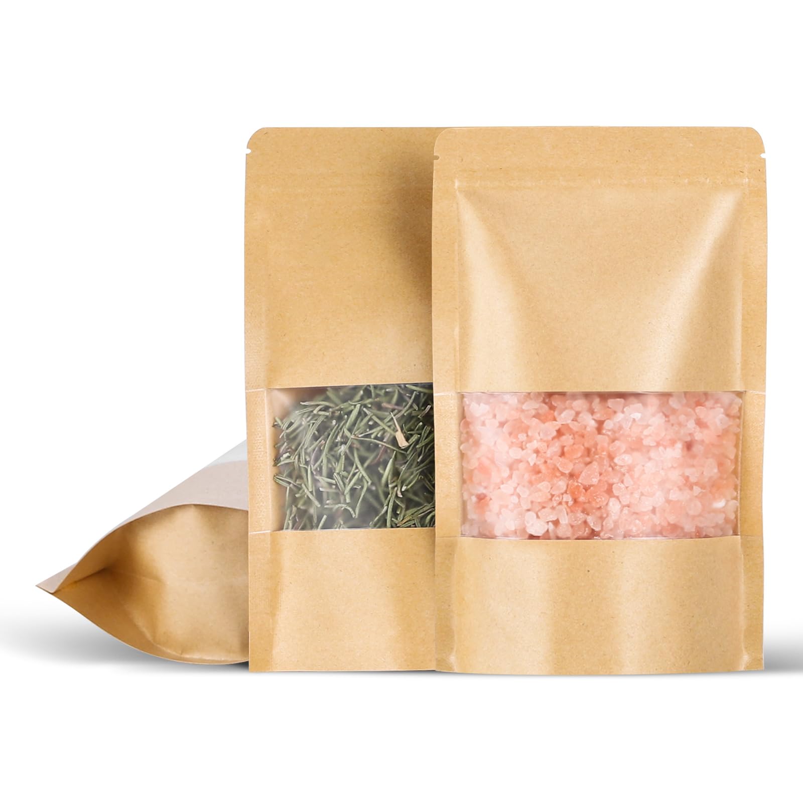 100 Pcs 5x8 Inch Kraft Paper Bags with Transparent Window, Stand Up Pouches,Smell Proof Bags,Resealable Bags for Small Business, Zipper Food Storage,