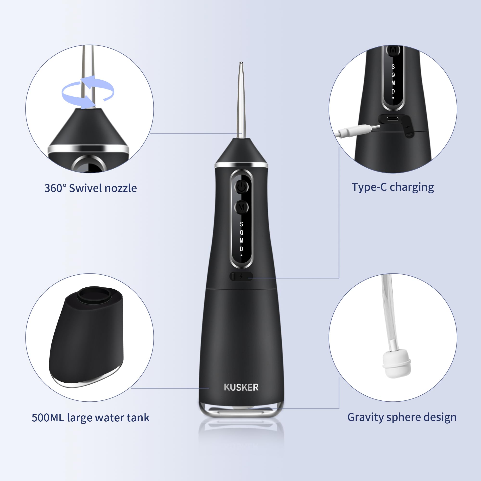 Irrigador dental de agua inalámbrico, 500 ml, irrigador oral portátil para dientes, 5 modos y 4 puntas de chorro, IPX7 impermeable, recargable para 30 días de uso, hogar, viajes, aparatos