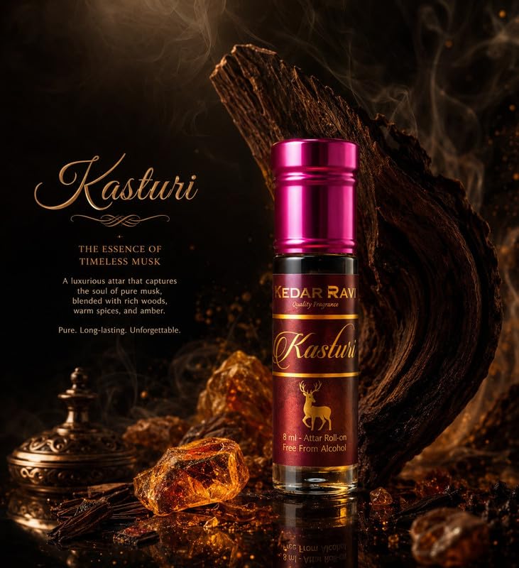 KEDAR RAVI Kasturi Attar Roll-On 8ml | Long Lasting Traditional Indian Perfume Oil | Alcohol Free Natural Fragrance Attar for Men & Women | Premium Musk Aroma 3